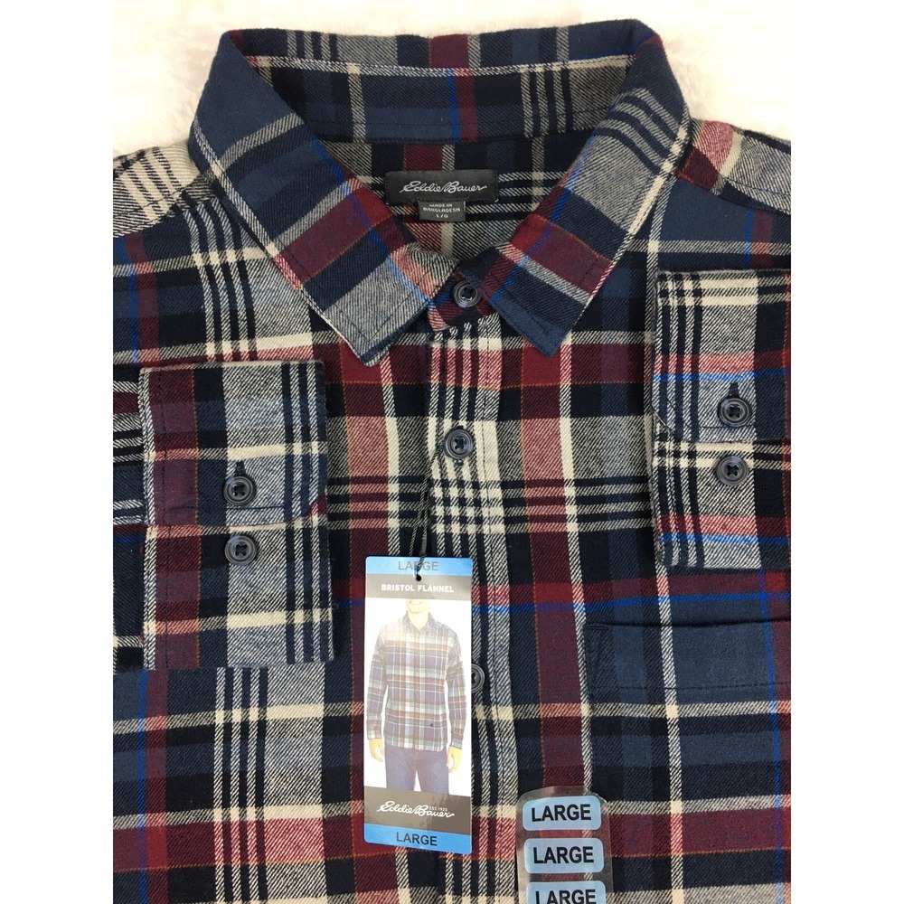 Eddie Bauer Shirt Mens Large Flannel Blue/Gray Plaid Bristol NEW MRSP 59.00 - Picture 2 of 9